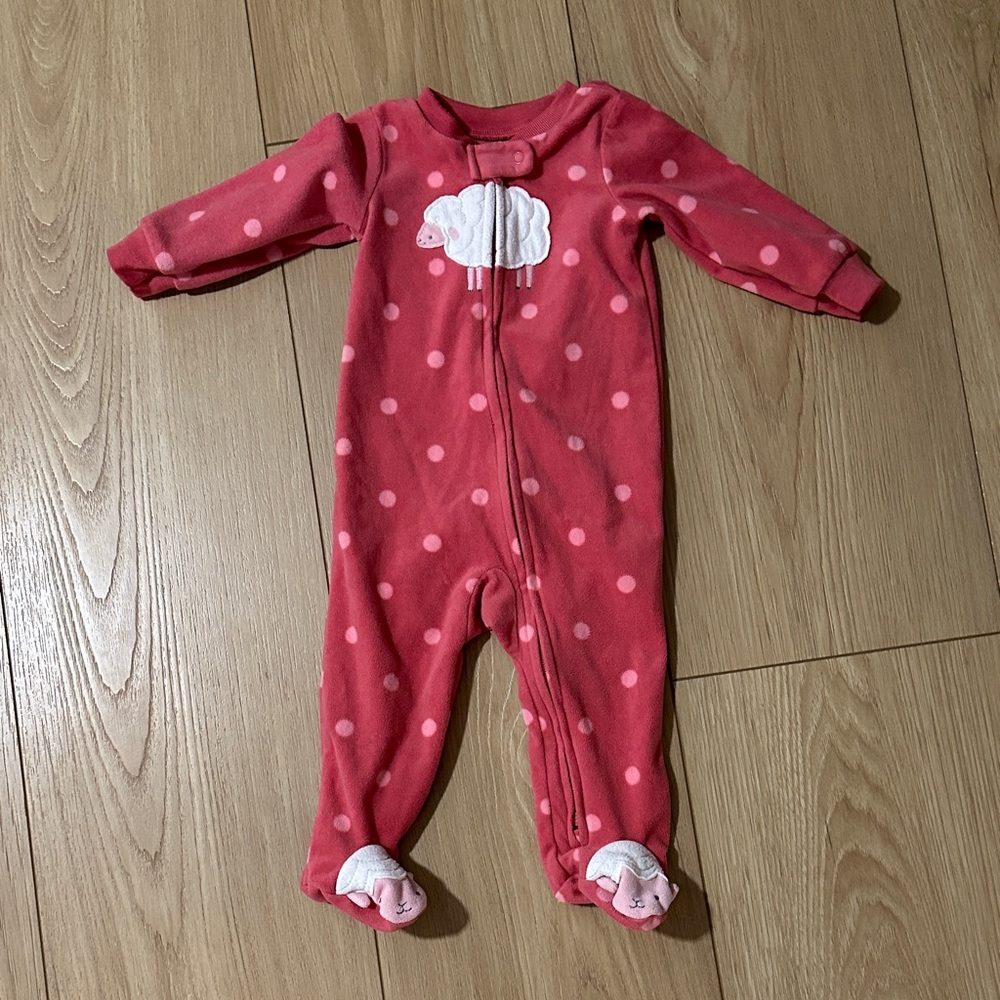 Carter's Pink Polka Dot Footed One-Piece with Sheep Applique